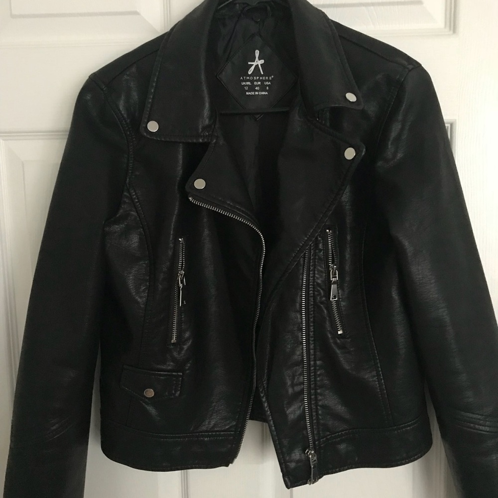Faux leather jacket with detachable faux fur